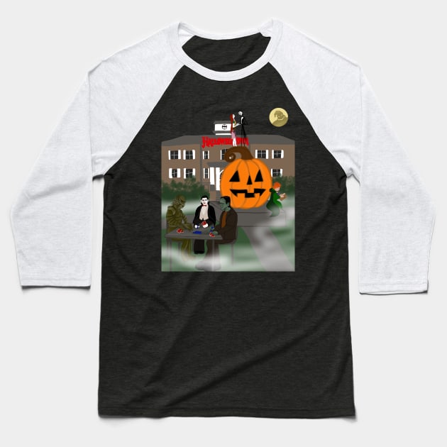 Halloweentown Plaza Baseball T-Shirt by KataMartArt